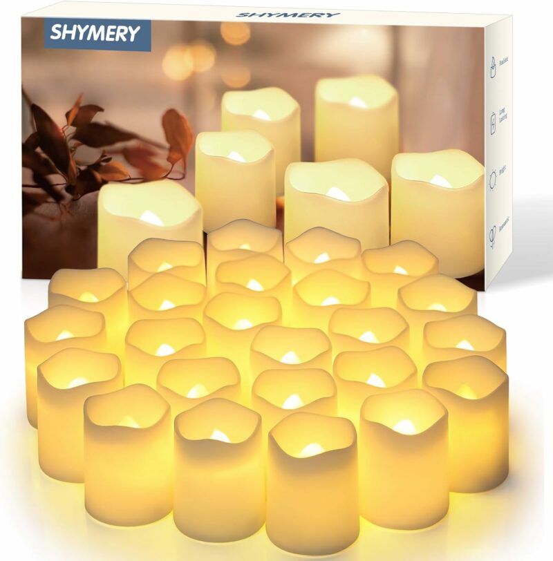 SHYMERY Flameless Votive Candles,Flameless Flickering Electric Fake Candle,24 Pack 200+Hour Battery Operated LED Tea Lights in Warm White for Wedding, Table, Halloween,Christmas Decorations 1.5"X1.7"