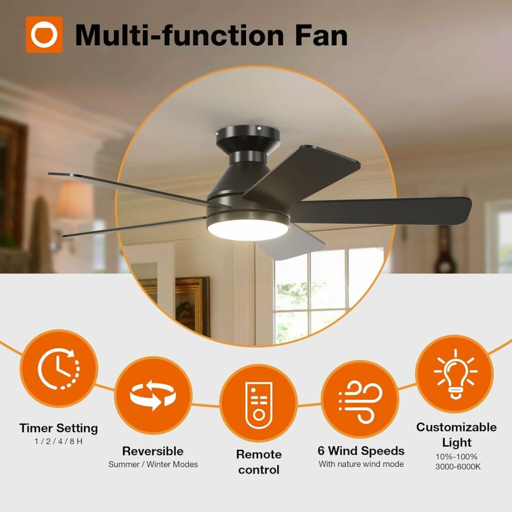 addlon Ceiling Fans with Lights, 42 Inch Low Profile Ceiling Fan with Light and Remote Control, Flush Mount, Reversible, 3CCT, Dimmable, Quiet, Black Small Ceiling Fan