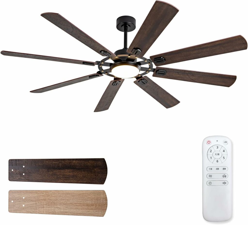 72 Inch Black Ceiling Fans with Lights and Remote,Large Modern Indoor & Outdoor Ceiling Fan with Light,8 Blade,3 Color Temperatures LED Light,Reversible 6 Speeds,Memory Function,Quiet DC Motor 