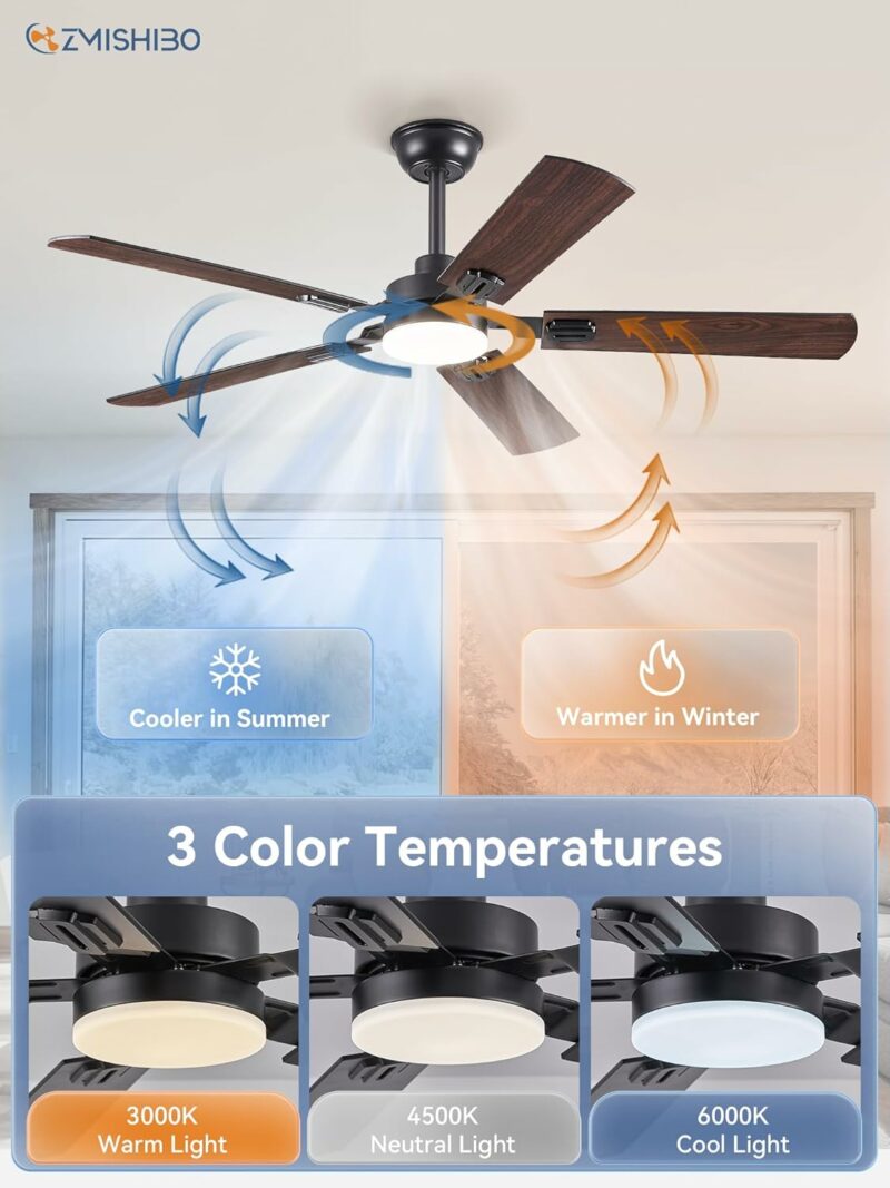 52" Ceiling Fans with Lights, Black Modern Ceiling Fan with Remote, Farmhouse Indoor Ceiling Fan with Dual Finish Blades, Quiet & Strong Motor, Bright LED Light