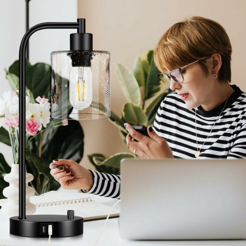 Set of 2 Industrial Table Lamps with 2 USB Port, Fully Stepless Dimmable Bedside Lamps for bedrooms, Nightstand Desk Lamps with Seeded Glass Shade for Reading Living Room Office 2 LED Bulb Included