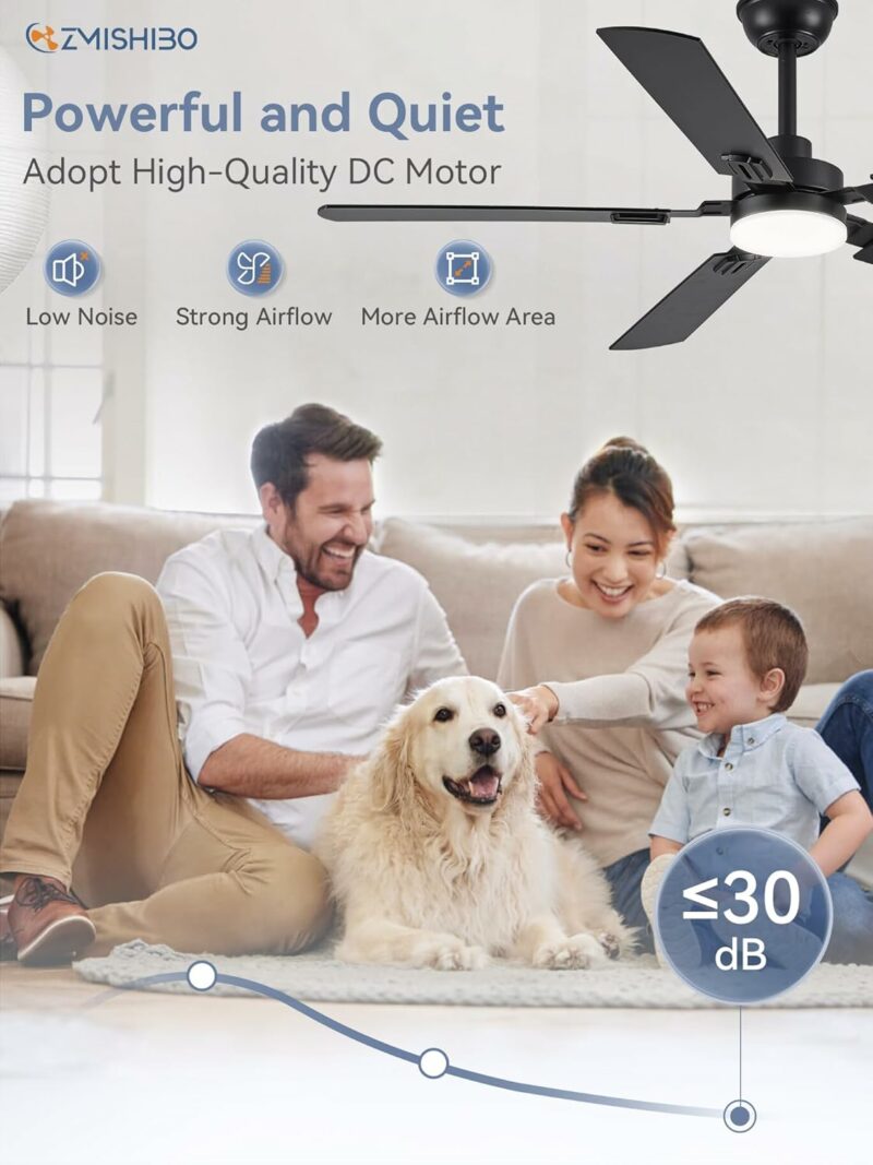 52" Ceiling Fans with Lights, Black Modern Ceiling Fan with Remote, Farmhouse Indoor Ceiling Fan with Dual Finish Blades, Quiet & Strong Motor, Bright LED Light