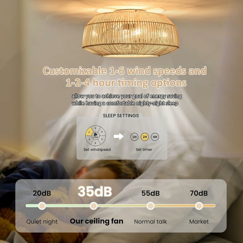 20" Boho Caged Ceiling Fan with Lights Flush Mount, Low Profile Rattan Ceiling Fans with Lights and Remote Control, Enclosed 6 Speeds for Bedroom, Living Room, Kitchen