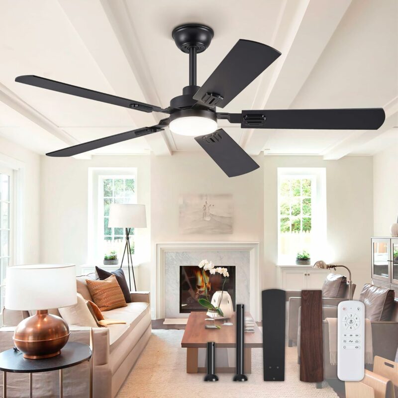 52" Ceiling Fans with Lights, Black Modern Ceiling Fan with Remote, Farmhouse Indoor Ceiling Fan with Dual Finish Blades, Quiet & Strong Motor, Bright LED Light