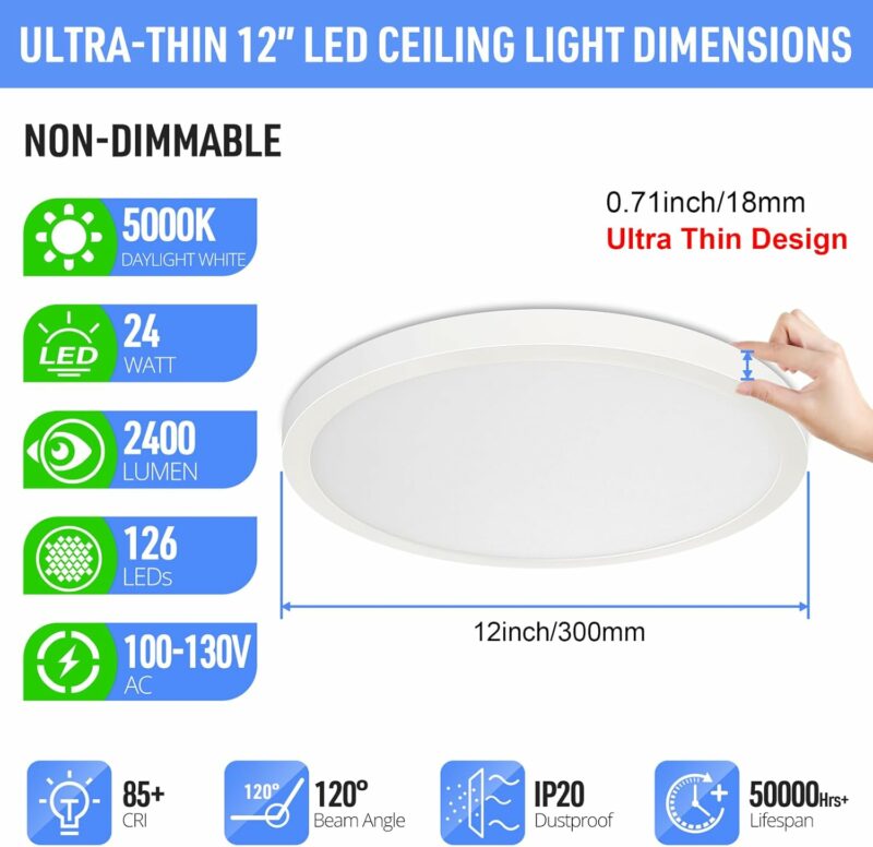 SunRider LED Flush Mount Ceiling Light Fixture, 5000K Daylight White, 2400LM, 12 Inch 24W White Round Flat Ceiling Lights, 240W Equiv. Non-Dimmable