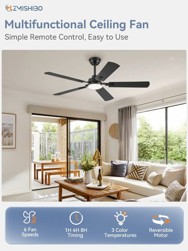 52" Ceiling Fans with Lights, Black Modern Ceiling Fan with Remote, Farmhouse Indoor Ceiling Fan with Dual Finish Blades, Quiet & Strong Motor, Bright LED Light