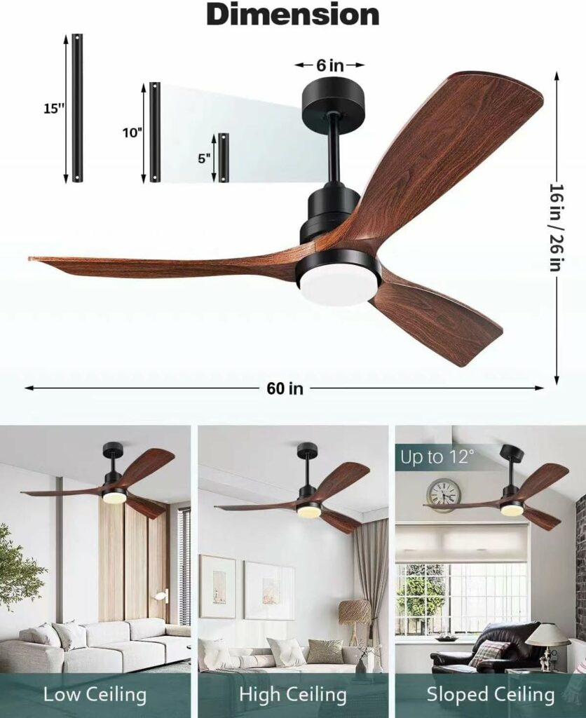 60 Inch Ceiling Fans with Lights 3 Downrods, Outdoor Ceiling Fan for Patios with Remote Control, ETL Listed, 3 Blades Wood Ceiling Fans Reversible Quiet Dc Motor for Indoor Bedroom Farmhouse