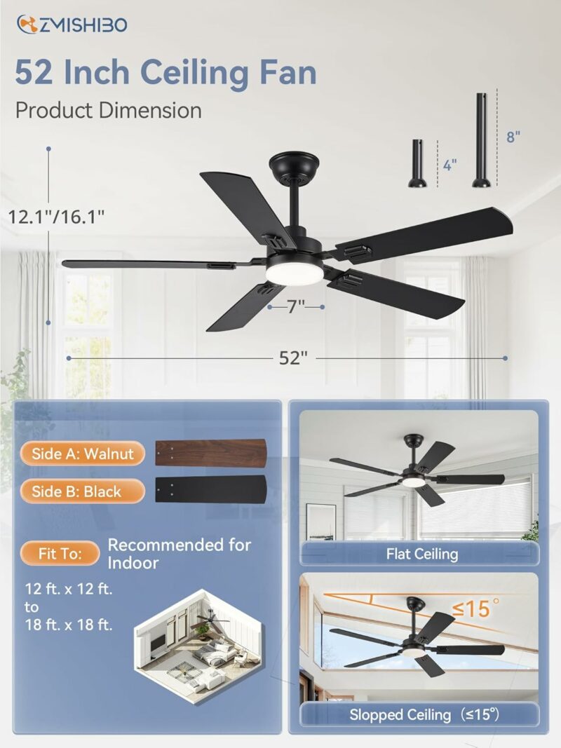 52" Ceiling Fans with Lights, Black Modern Ceiling Fan with Remote, Farmhouse Indoor Ceiling Fan with Dual Finish Blades, Quiet & Strong Motor, Bright LED Light