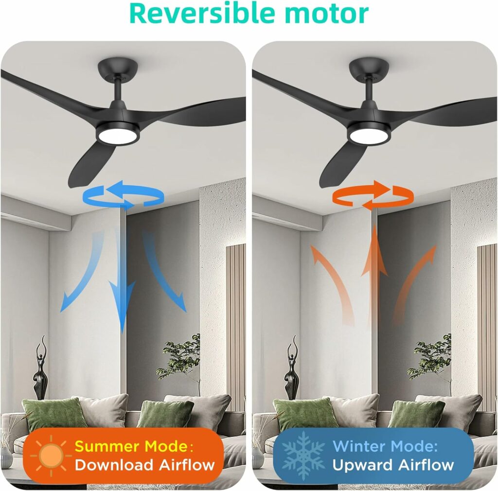 Ceiling Fans with Lights and Remote, 52 Inch Large Airflow Indoor Ceiling Fans with Quiet DC Motor and 3 Colour Temperature Black Noiseless Attractive Design ABS Blades