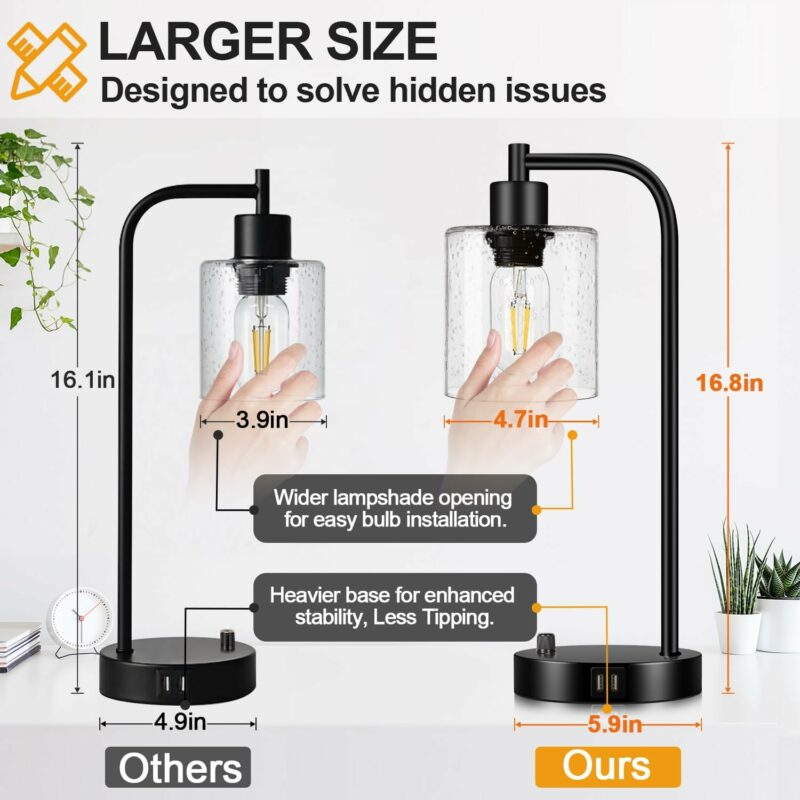 Set of 2 Industrial Table Lamps with 2 USB Port, Fully Stepless Dimmable Bedside Lamps for bedrooms, Nightstand Desk Lamps with Seeded Glass Shade for Reading Living Room Office 2 LED Bulb Included