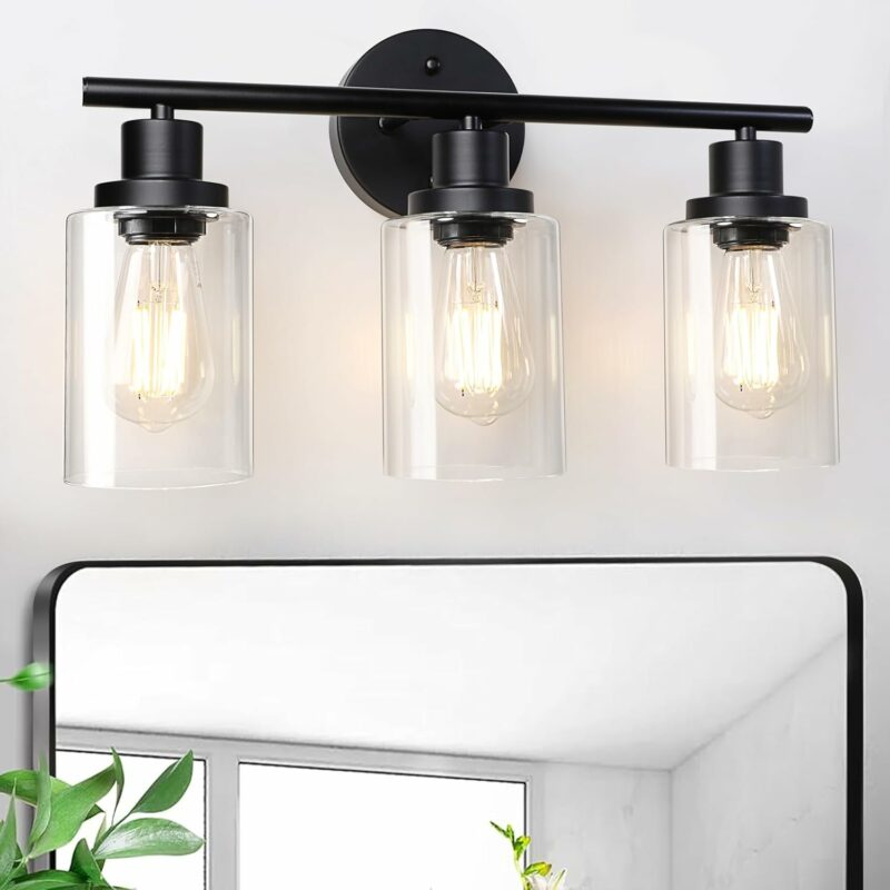 Unicozin Modern Bathroom Light Fixtures, 3 Light Vanity Lights, Black Wall Lamp with Clear Glass for Bathroom, Mirror, Living Room, Bedroom, Hallway, E26 Base
