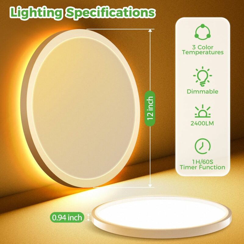 zemty 12 Inch LED Ceiling Light with Night Light 1800K, 3000K/4000K/6500K Dimmable Light Fixtures with Remote Control,24W 2400lm Low Profile Ceiling Lamp for Bedroom LivingRoom Bathroom Kitchen-White