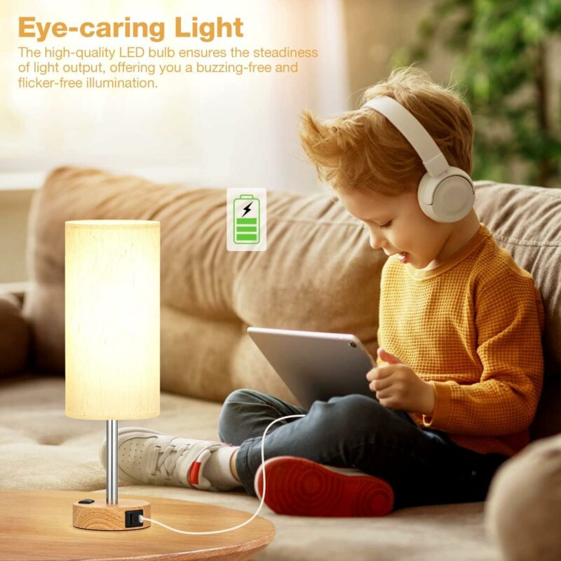 Bedside Table Lamp for Bedroom - 3 Way Dimmable Touch Lamp USB C Charging Ports and AC Outlet, Small Lamp Wood Base Round Flaxen Fabric Shade for Living Room, Desk, LED Bulb Included