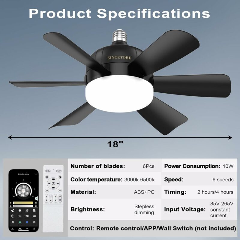 Ceiling Fans with Lights,18" Low Profile Ceiling Fan with Lights Remote Control & APP, Socket Fan Lighting & Ceiling Fans, Indoor/Outdoor Ceiling Fan with Lights Flush Mount, (Black)