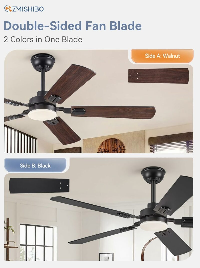 52" Ceiling Fans with Lights, Black Modern Ceiling Fan with Remote, Farmhouse Indoor Ceiling Fan with Dual Finish Blades, Quiet & Strong Motor, Bright LED Light