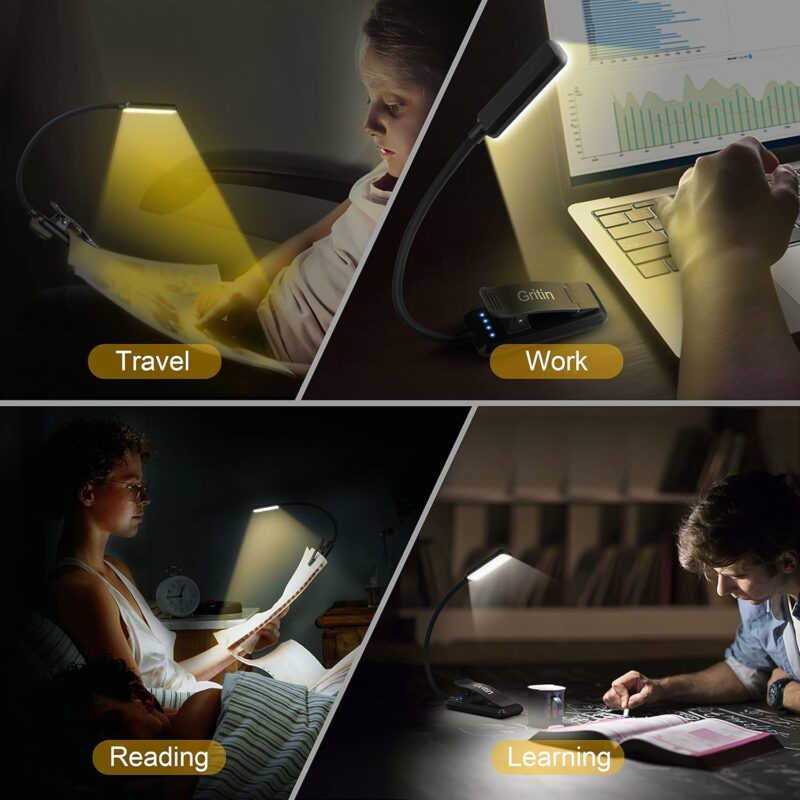 Gritin 9 LED Rechargeable Book Light for Reading in Bed -Eye Caring 3 Color Temperatures,Stepless Dimming Brightness,80 Hrs Runtime Small Lightweight Clip On Book Reading Light for Studying