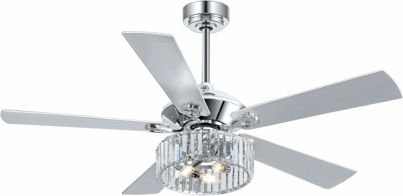 52 Inch Ceiling Fans with Light Remote Control, 5 Reversible Blades Bedroom Crystal Lighting Ceiling Fan Caged Light Chandelier for Home Kitchen