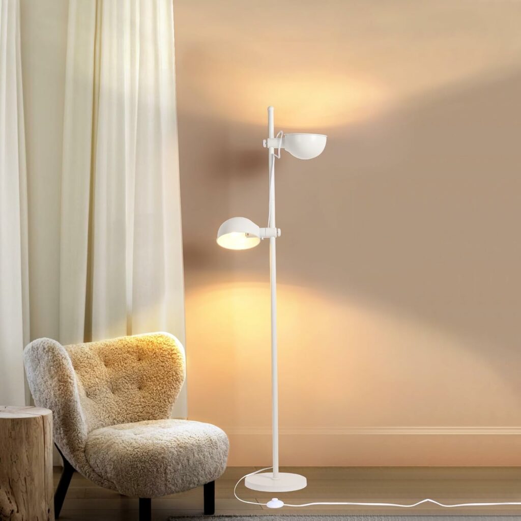 Mid Century Modern Floor Lamp for Living Room Bedroom, 2 Heads with Adjustable Up/Down, 61" Tall Standing Lamp with Foot Pedal Switch, Corner Lamp 3 Color Temperatures with 6W LED Bulbs 