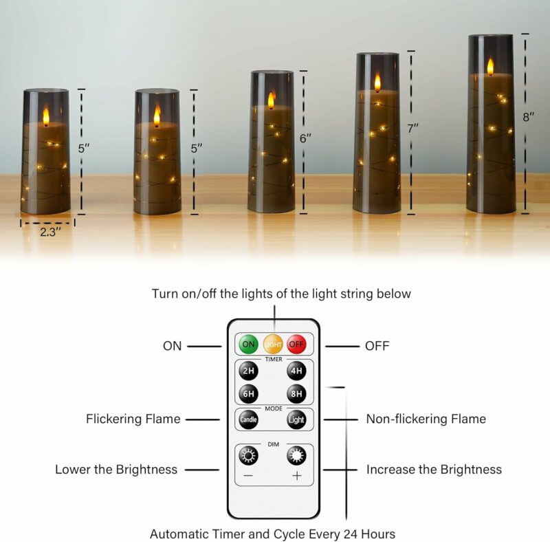 Flameless LED Candles with Timer 5 Pc Flickering Flameless Candles for Romantic Ambiance and Home Decoration Stable Acrylic Shell,with Embedded Star String，Battery Operated Candles