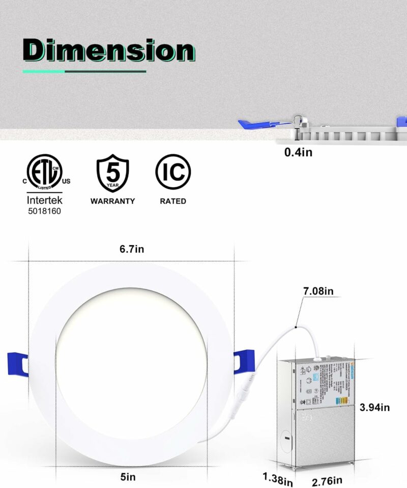 VOLISUN 12 Pack 6 Inch 5CCT Recessed Light with Night Light,Canless LED Recessed Lighting 6 inch,2700K-5000K Selectable,12W=130W,1080LM Dimmable Recessed Ceiling Wafer Light,ETL Certificated