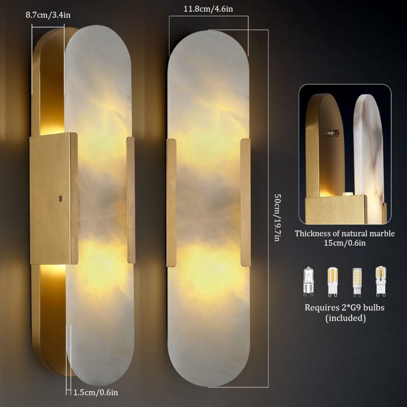 Brass Alabaster Wall Sconces, Natural Marble Wall Sconces Indoor Alabaster Sconces for Living Room Modern Alabaster Sconces Wall Lighting for Dining Room Stairs Bedroom