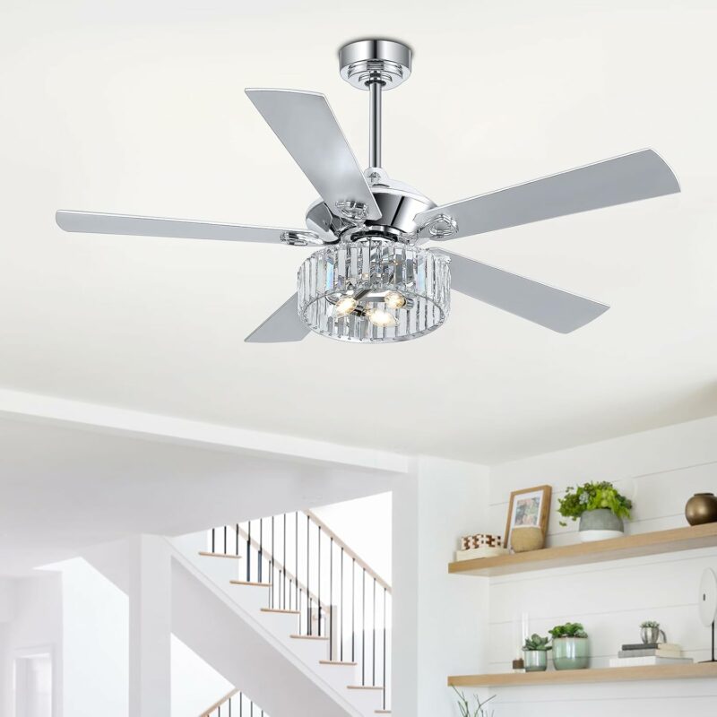 52 Inch Ceiling Fans with Light Remote Control, 5 Reversible Blades Bedroom Crystal Lighting Ceiling Fan Caged Light Chandelier for Home Kitchen