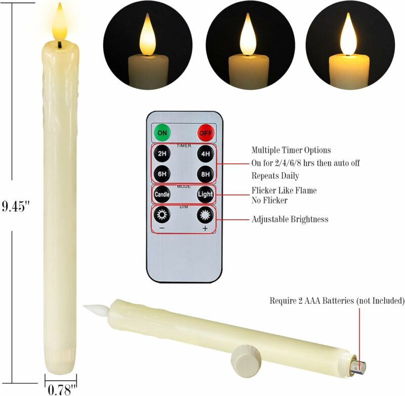 Homemory Real Wax LED Flameless Taper Candles with Remote Timer, 9.6 Inches Ivory Candlesticks, Dripless Battery Operated 3D Flickering Flame for Fireplace Xmas Halloween