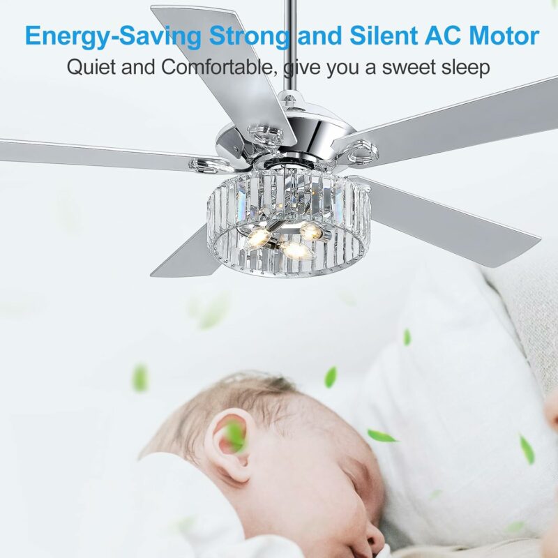 52 Inch Ceiling Fans with Light Remote Control, 5 Reversible Blades Bedroom Crystal Lighting Ceiling Fan Caged Light Chandelier for Home Kitchen