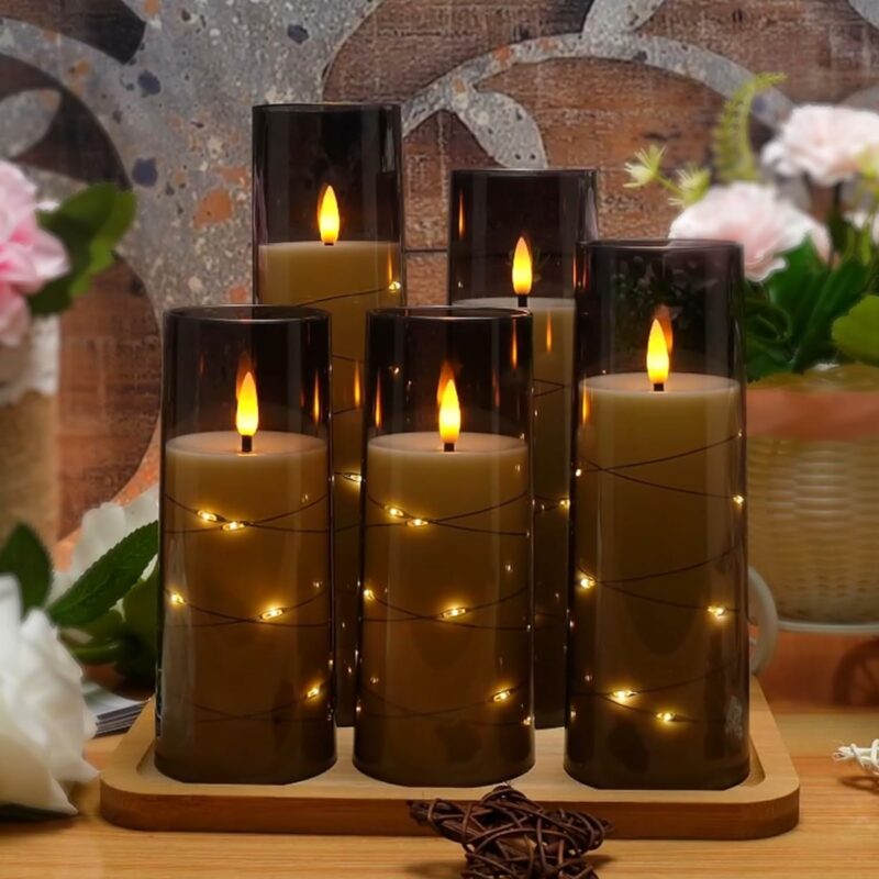 Flameless LED Candles with Timer 5 Pc Flickering Flameless Candles for Romantic Ambiance and Home Decoration Stable Acrylic Shell,with Embedded Star String，Battery Operated Candles