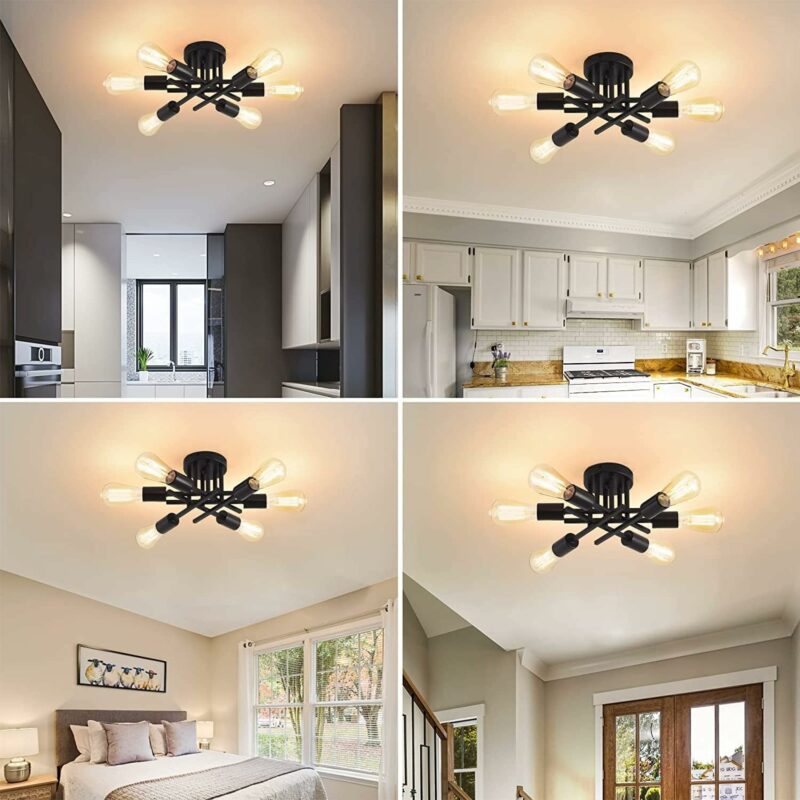 2Pack Flush Mount Ceiling Light Fixtures,6-Light Ceiling Lights Fixture,Black Modern Sputnik Chandelier,Industrial Farmhouse Ceiling Lighting for Kitchen,Hallway,Living Room,Dining Room