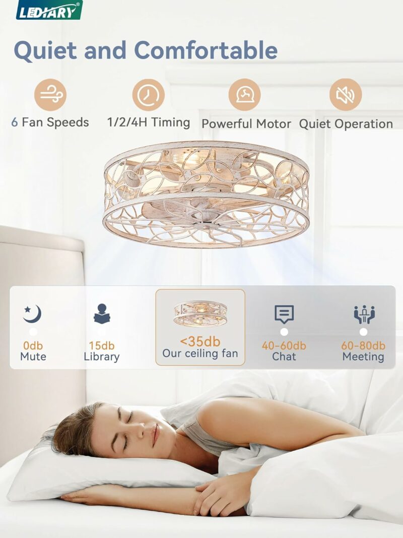 LEDIARY Caged Ceiling Fans with Lights, White Flush Mount Ceiling Fan with Remote, Small Low Profile Bladeless Ceiling Fan Light Fixture for Bedroom, Kitchen, Dining Room-White Gold Color