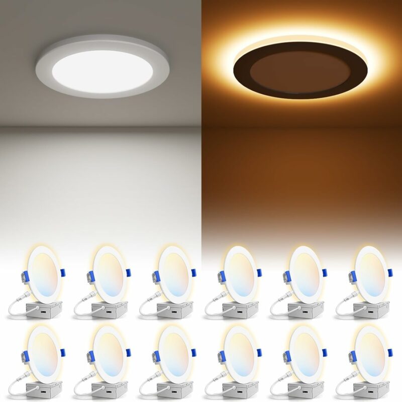 VOLISUN 12 Pack 6 Inch 5CCT Recessed Light with Night Light,Canless LED Recessed Lighting 6 inch,2700K-5000K Selectable,12W=130W,1080LM Dimmable Recessed Ceiling Wafer Light,ETL Certificated