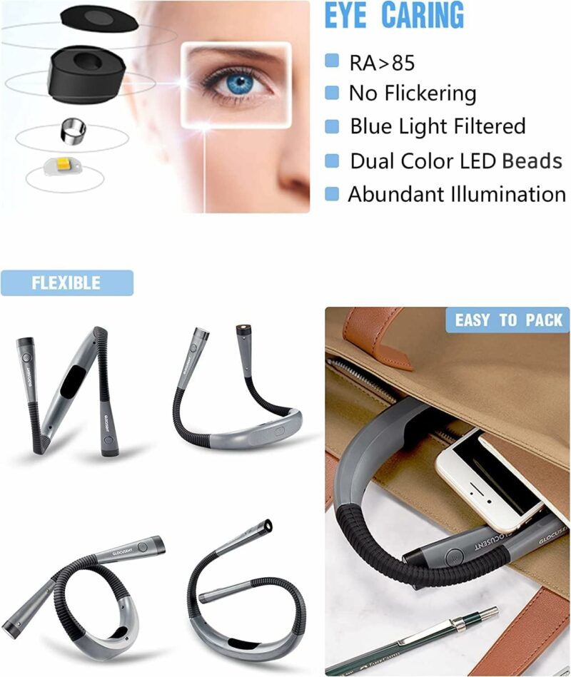 Glocusent Upgraded LED Neck Reading Light, Book Light for Reading in Bed, 30-min Timer, 3 Colors & 3 Brightness Adjustable, Rechargeable & Long Lasting, Perfect for Reading, Knitting