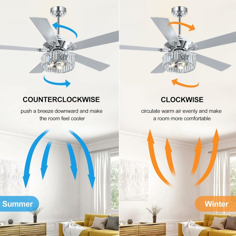 52 Inch Ceiling Fans with Light Remote Control, 5 Reversible Blades Bedroom Crystal Lighting Ceiling Fan Caged Light Chandelier for Home Kitchen