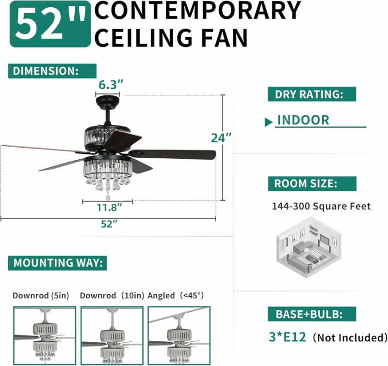 YITAHOME Chandelier Ceiling Fan Light with Remote, 52 Inch Fandelier Indoor Fan Ceiling with 3 Speed, Silent Reversible Motor, Dual-Sided Blades, Timer, Balance Kit - Black