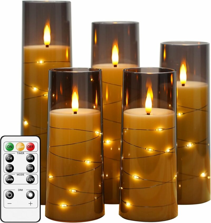 Flameless LED Candles with Timer 5 Pc Flickering Flameless Candles for Romantic Ambiance and Home Decoration Stable Acrylic Shell,with Embedded Star String，Battery Operated Candles