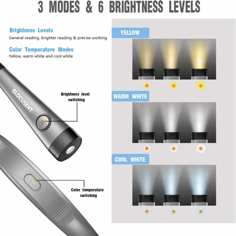 Glocusent Upgraded LED Neck Reading Light, Book Light for Reading in Bed, 30-min Timer, 3 Colors & 3 Brightness Adjustable, Rechargeable & Long Lasting, Perfect for Reading, Knitting