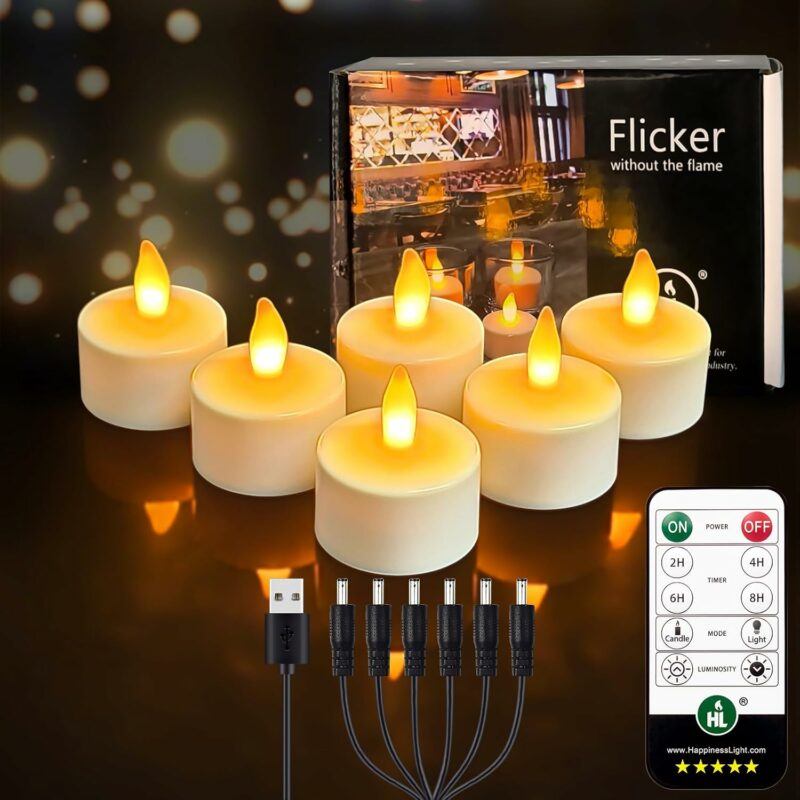 HL Rechargeable Battery Candles with Remote Timer, 6pcs 50+Hours Rechargeable Tea Lights Candle, LED Votive Tea Lights Candles Yellow Flickering Light for Halloween Christmas Table Centerpiece