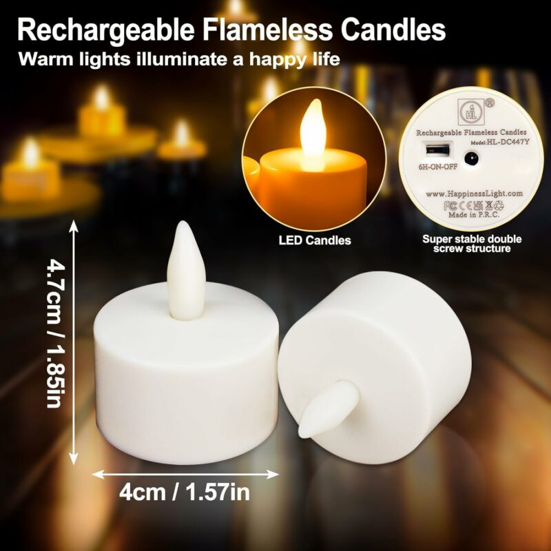 HL Rechargeable Battery Candles with Remote Timer, 6pcs 50+Hours Rechargeable Tea Lights Candle, LED Votive Tea Lights Candles Yellow Flickering Light for Halloween Christmas Table Centerpiece