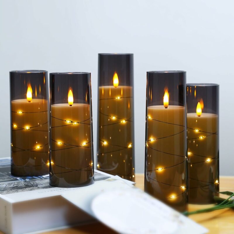 Flameless LED Candles with Timer 5 Pc Flickering Flameless Candles for Romantic Ambiance and Home Decoration Stable Acrylic Shell,with Embedded Star String，Battery Operated Candles