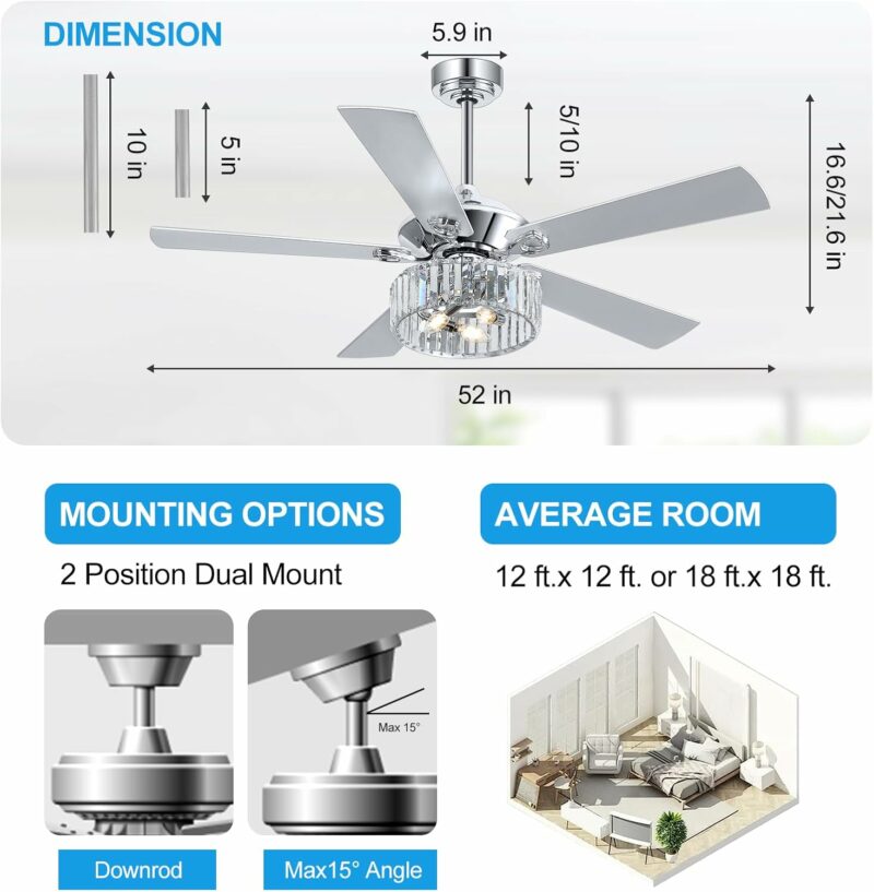 52 Inch Ceiling Fans with Light Remote Control, 5 Reversible Blades Bedroom Crystal Lighting Ceiling Fan Caged Light Chandelier for Home Kitchen