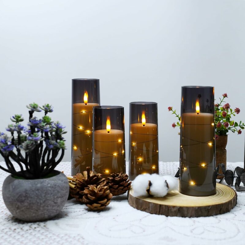 Flameless LED Candles with Timer 5 Pc Flickering Flameless Candles for Romantic Ambiance and Home Decoration Stable Acrylic Shell,with Embedded Star String，Battery Operated Candles