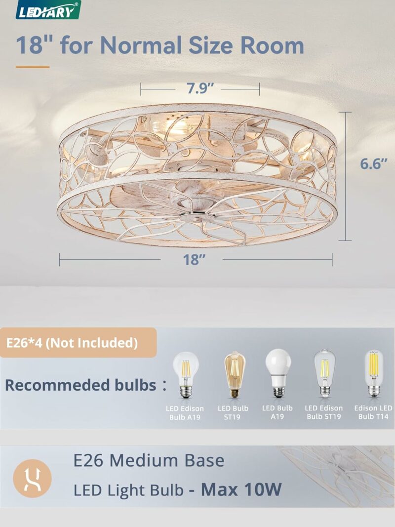 LEDIARY Caged Ceiling Fans with Lights, White Flush Mount Ceiling Fan with Remote, Small Low Profile Bladeless Ceiling Fan Light Fixture for Bedroom, Kitchen, Dining Room-White Gold Color