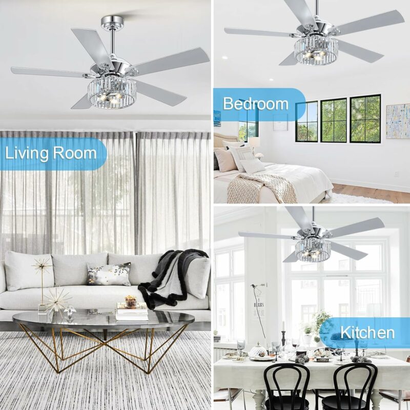 52 Inch Ceiling Fans with Light Remote Control, 5 Reversible Blades Bedroom Crystal Lighting Ceiling Fan Caged Light Chandelier for Home Kitchen