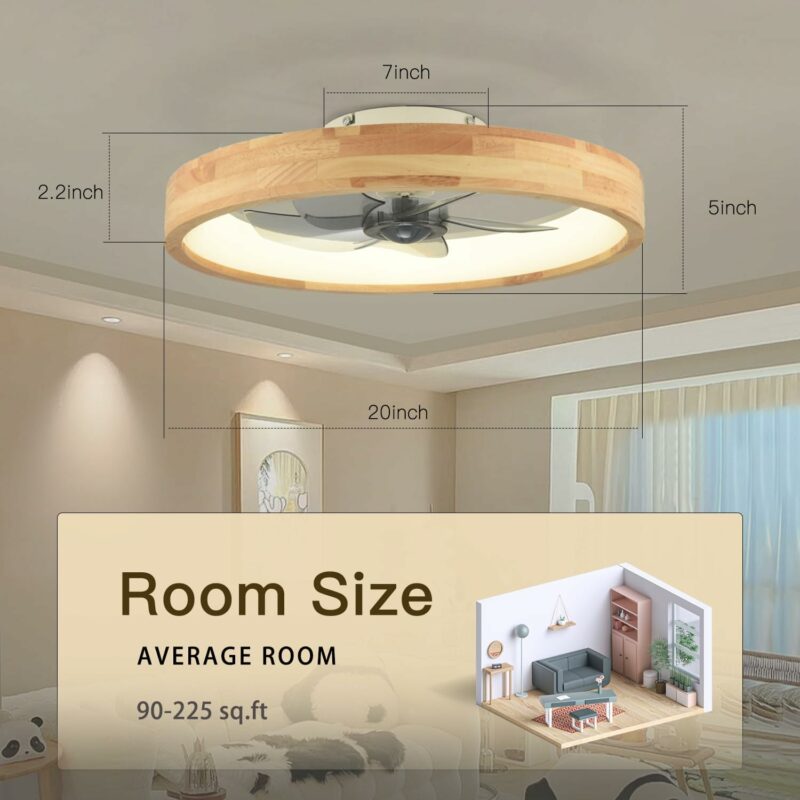 20” Ceiling Fan with Light, Dimmable LED Timing with Remote Control, 5 Invisible Reversible Blades Semi Flush Mount Low Profile Fan, Wood