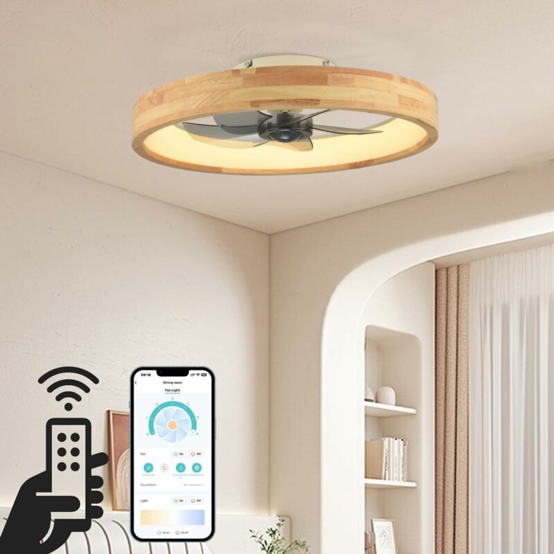 20” Ceiling Fan with Light, Dimmable LED Timing with Remote Control, 5 Invisible Reversible Blades Semi Flush Mount Low Profile Fan, Wood